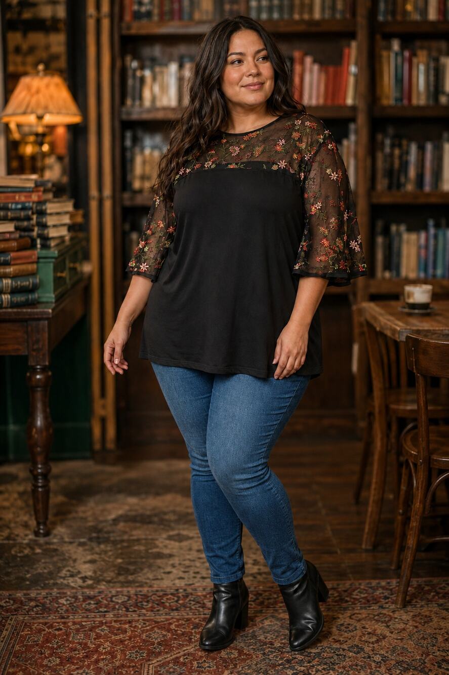 Kim & Cami XL Black Floral Embroidered Mesh Bell Sleeve Top Whimsigoth Boho